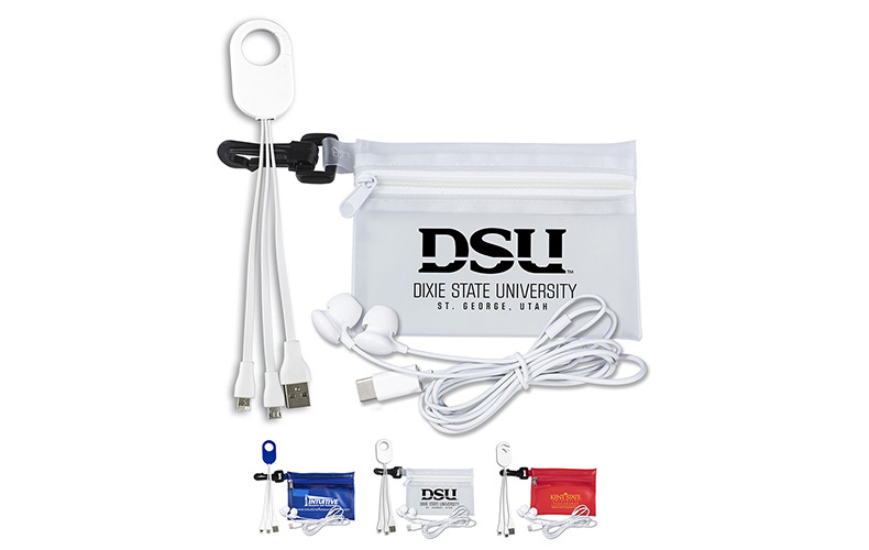 Mobile Tech Earbud and Charging Cables Kit In Translucent Carabiner Zipper Pouch Mobile Tech Earbud and Charging Cables Kit In Translucent Carabiner Zipper Pouch
